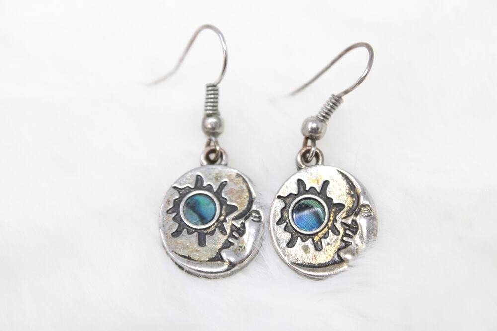 Vintage Celestial Sun Moon Dangle Earrings Faux Abalone Silver Tone Cosmic Boho